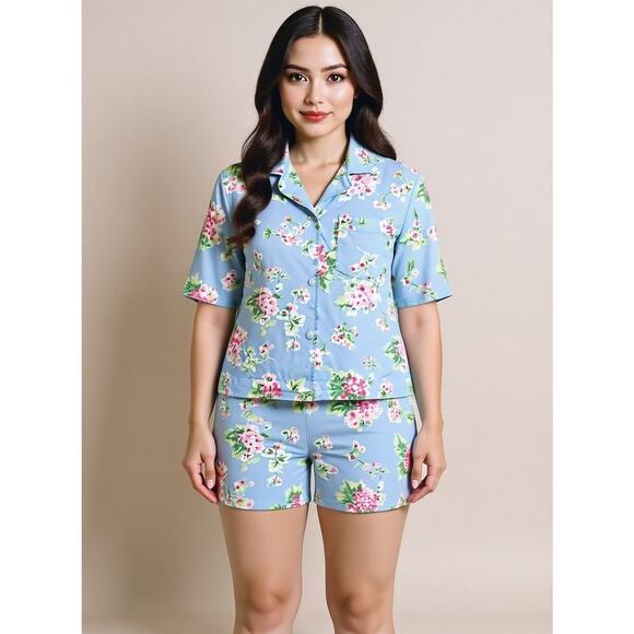 Ralph Lauren Blue Floral Pajama Set Top-M & Shorts-L Light Cotton Blend - Picture 1 of 10